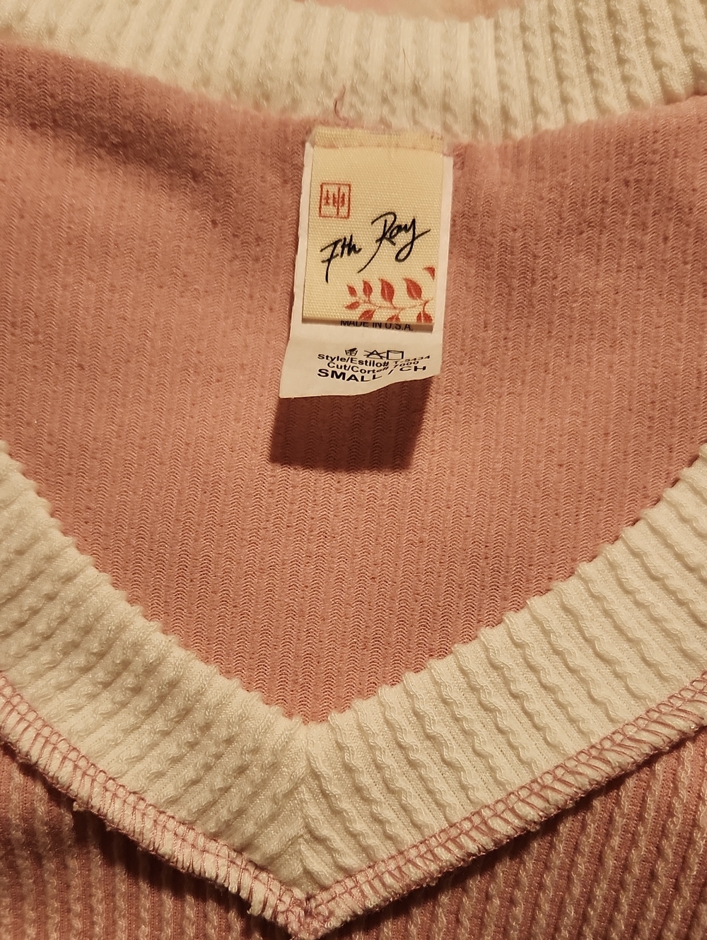 7th Ray Pink V-Neck Sweater with Cream Rib Trim